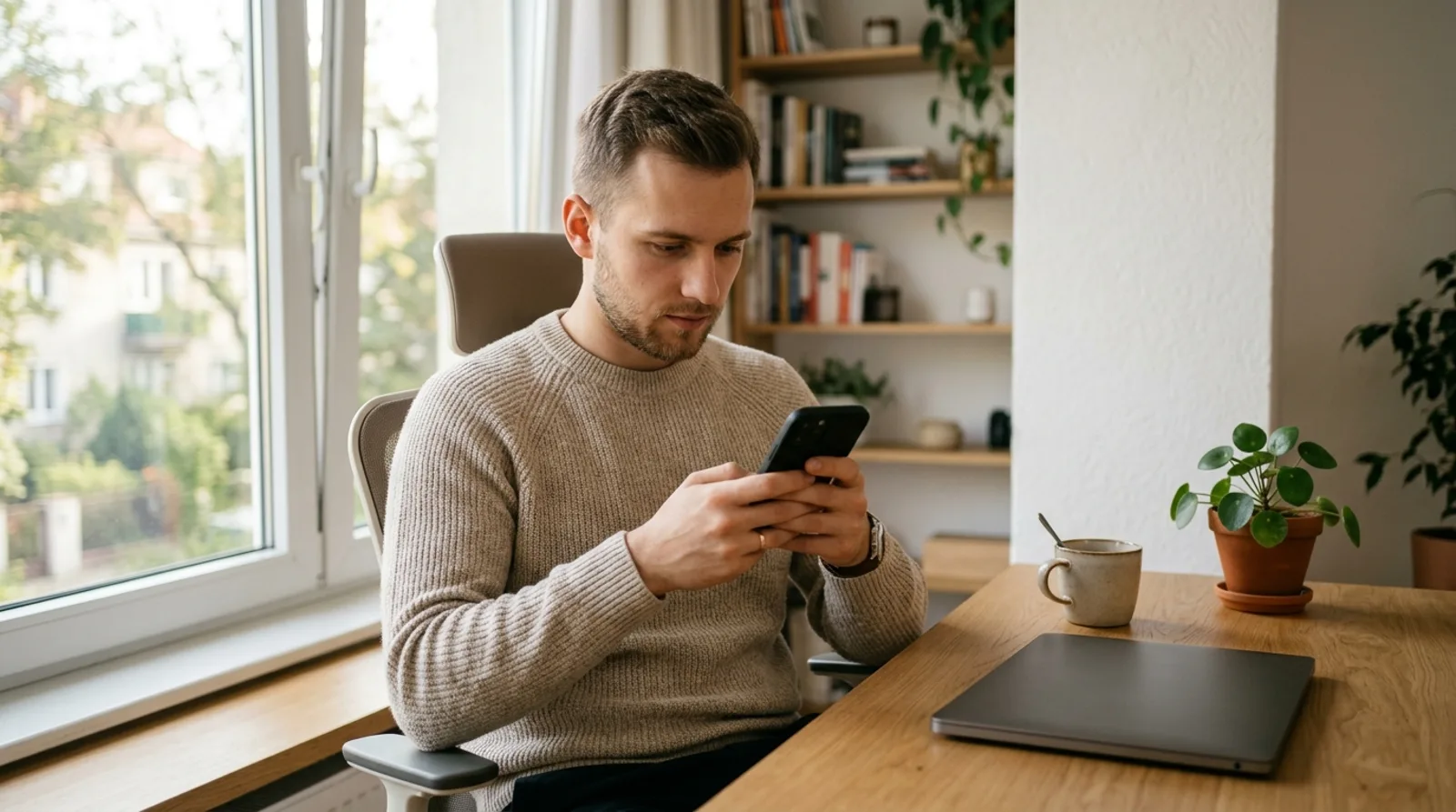 Przedsiębiorca zakłada konto firmowe krok po kroku przez telefon przy biurku w domowym biurze