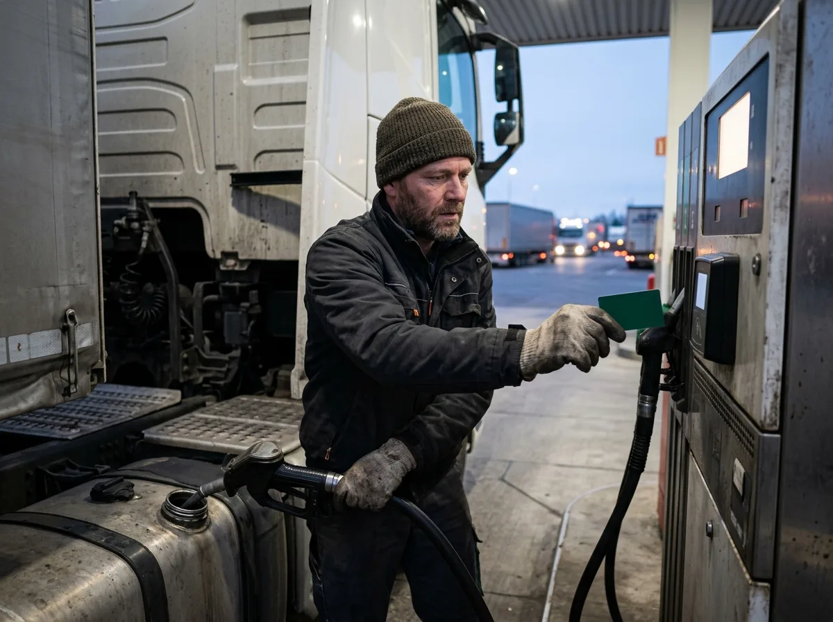 Kierowca tankuje ciężarówkę kartą paliwową na stacji przy autostradzie