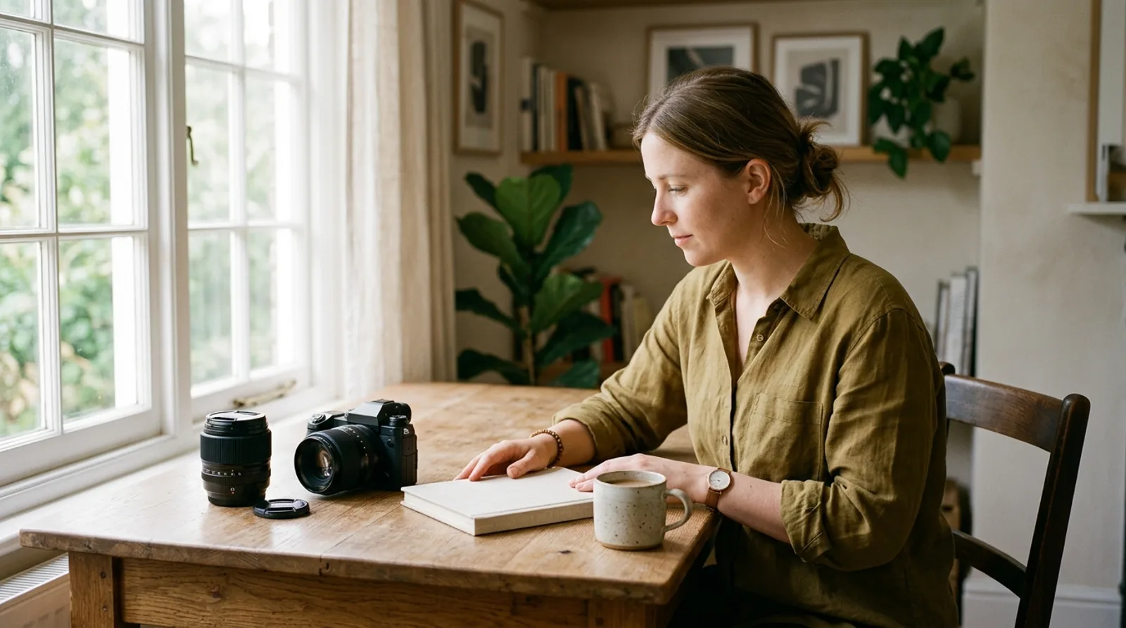 Fotograf ślubny z aparatem i obiektywami przy biurku w domowym studiu