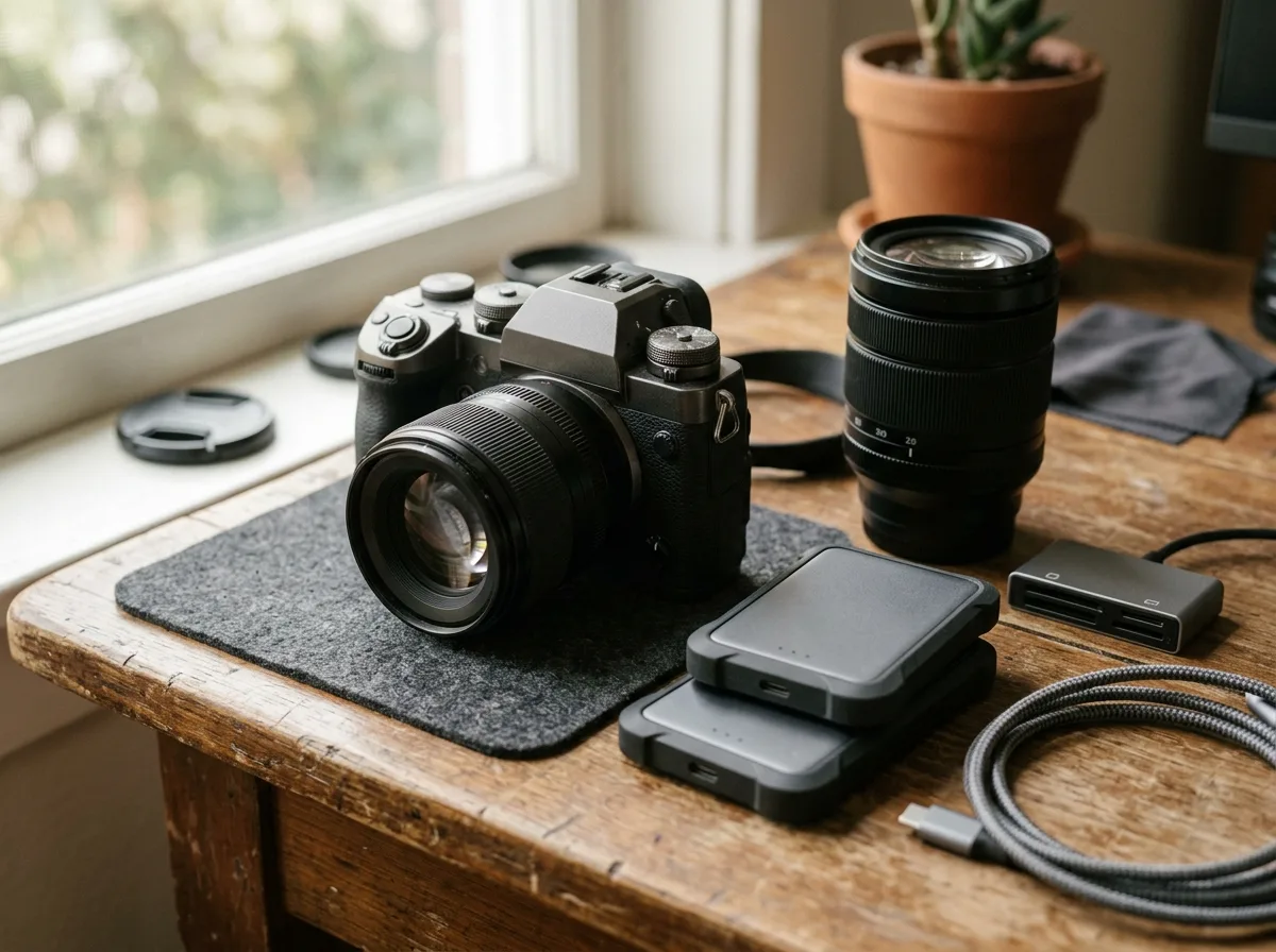 Aparat, obiektyw i dyski z materiałem z sesji na biurku fotografa