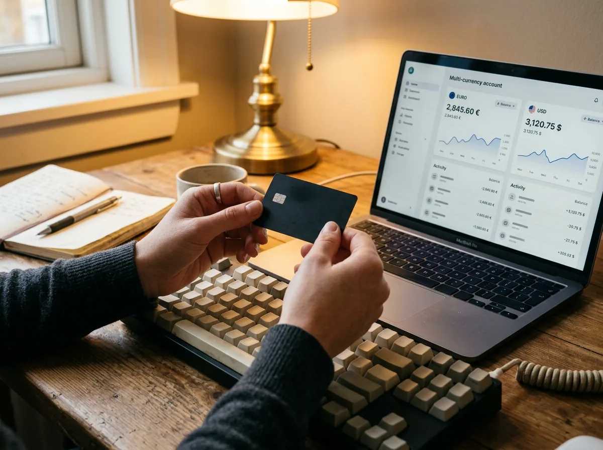 Freelancer IT sprawdza saldo rachunku walutowego w euro i dolarach w aplikacji bankowej