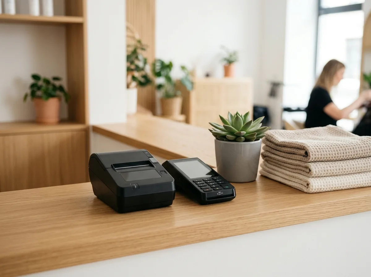 Kasa fiskalna online i terminal płatniczy na recepcji salonu kosmetycznego