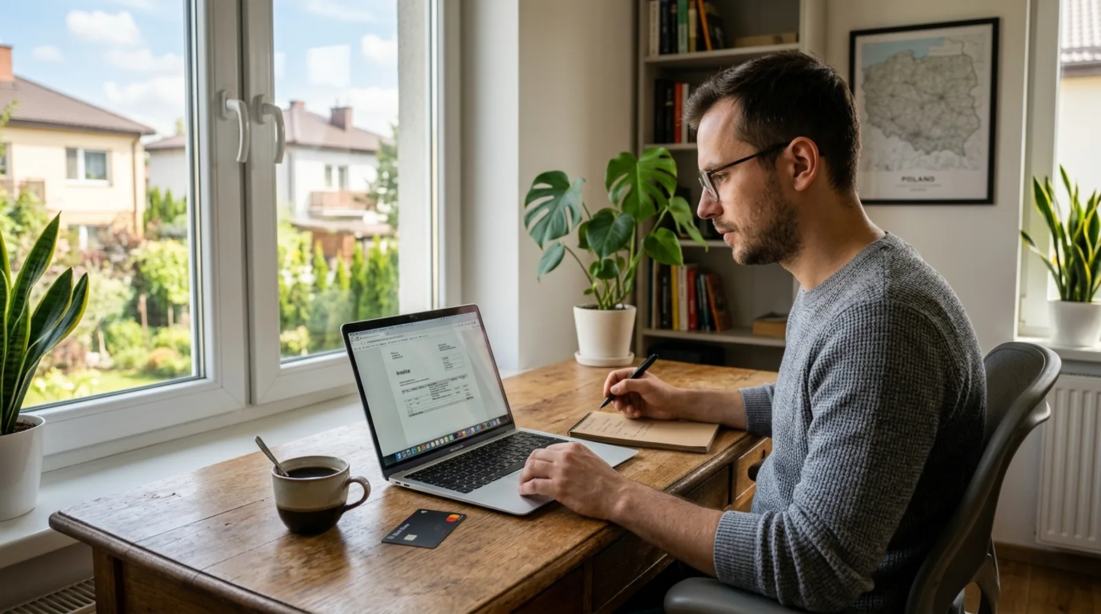 Przedsiębiorca na JDG sprawdza wpływ w euro na koncie firmowym na laptopie