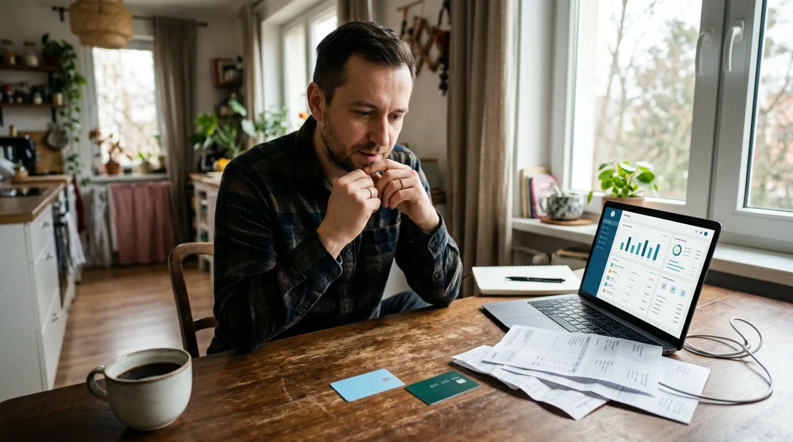 Przedsiębiorca na JDG porównuje konto osobiste i firmowe przy laptopie z bankowością internetową