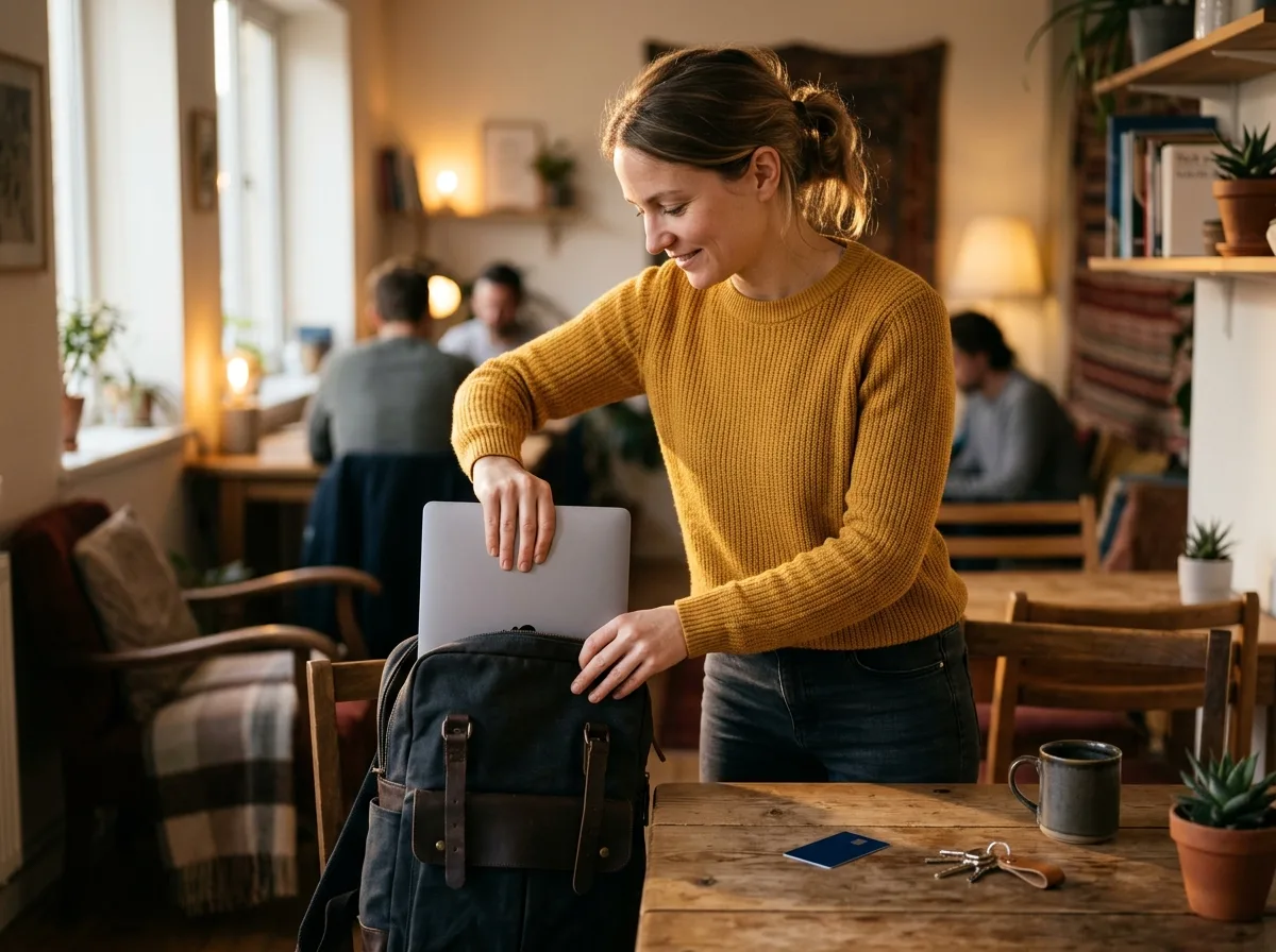 Freelancerka pakuje laptopa po pracy w coworkingu, na stole karta firmowa i klucze — JDG z kontem firmowym zintegrowanym z KSeF