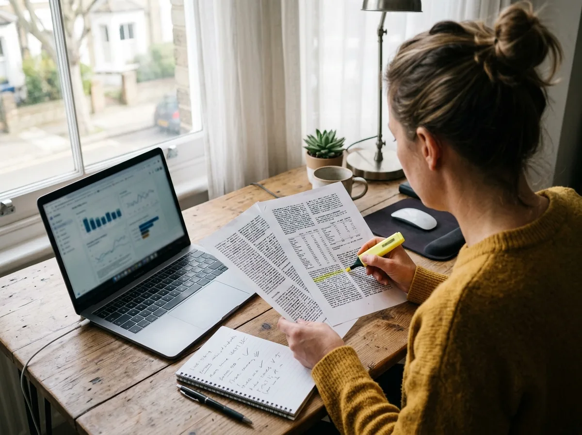 Przedsiębiorca porównuje regulaminy promocji kont firmowych na laptopie przy biurku